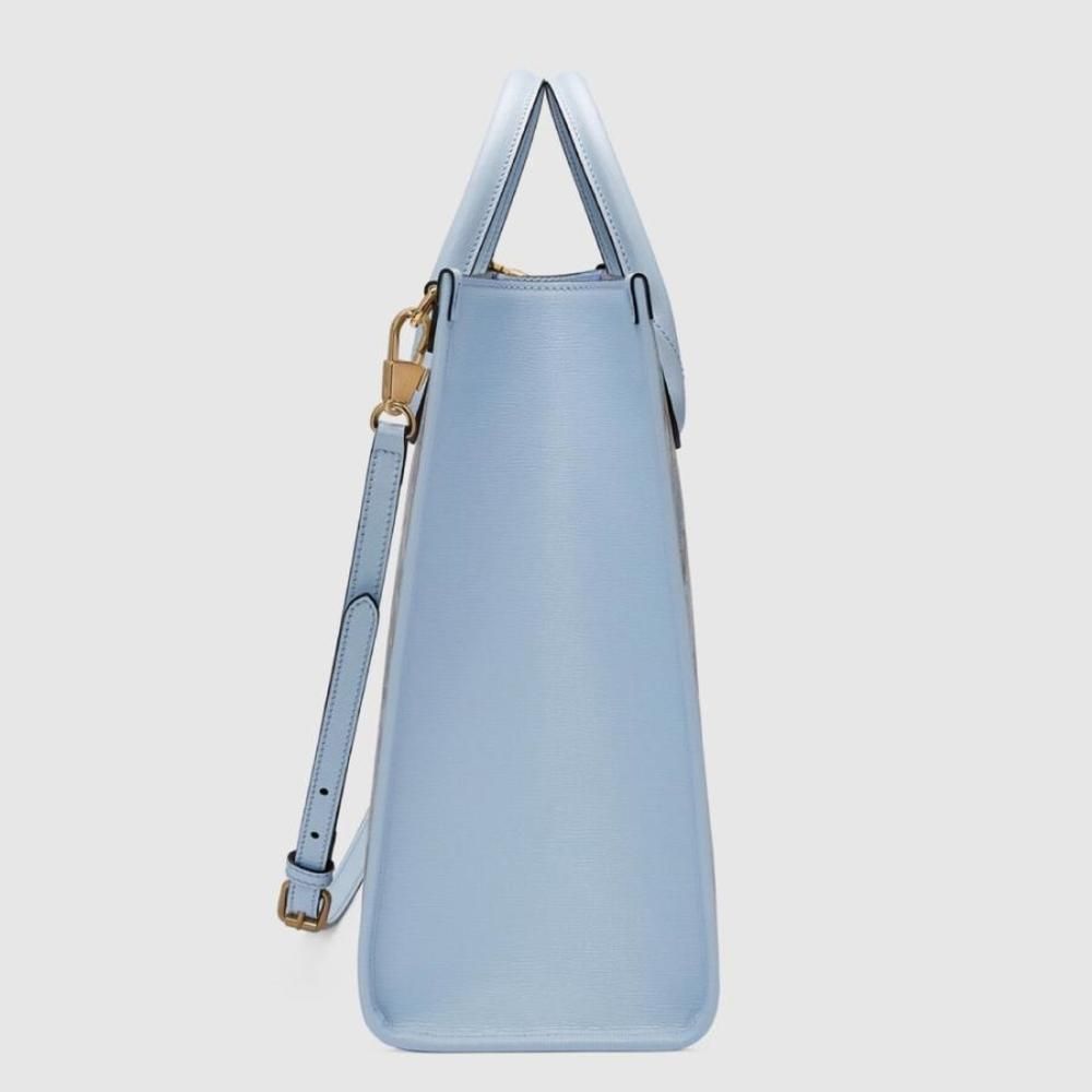 Gucci Tote Bag Shoulder Bag Light Blue Gold Tiger Flower Print Leather - Picture 4 of 7